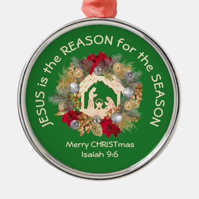 JESUS IS THE REASON Green Christmas Metal Tree Decoration (Front)