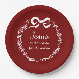 Jesus is the Reason Hand Drawn Bow Red Christmas Paper Plate