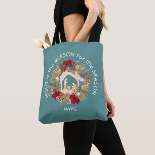 JESUS IS THE REASON Monogram Christian Christmas Tote Bag