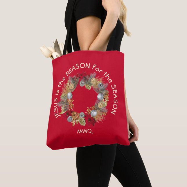 JESUS IS THE REASON Monogram Christmas Tote Bag (Close Up)