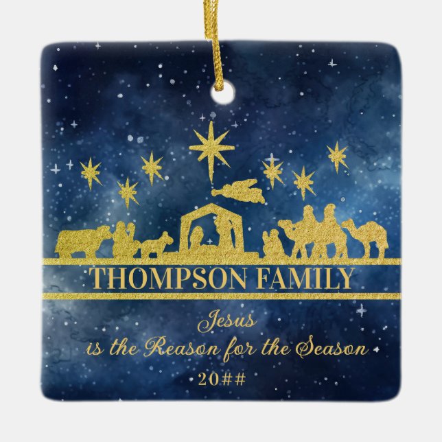 "Jesus is the Reason" Nativity Scene Family Photo Ceramic Ornament (Front)