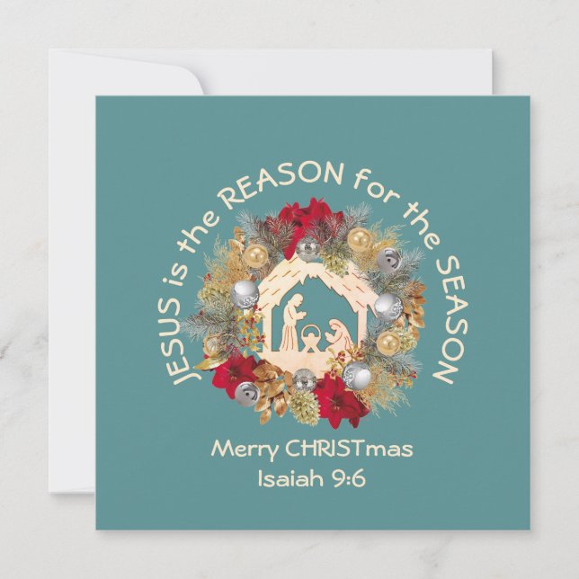 JESUS IS THE REASON Teal Merry Christmas Holiday Card (Front)