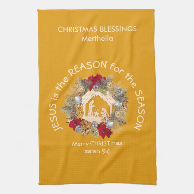 JESUS IS THE REASON Yellow Custom Christmas Tea Towel (Vertical)