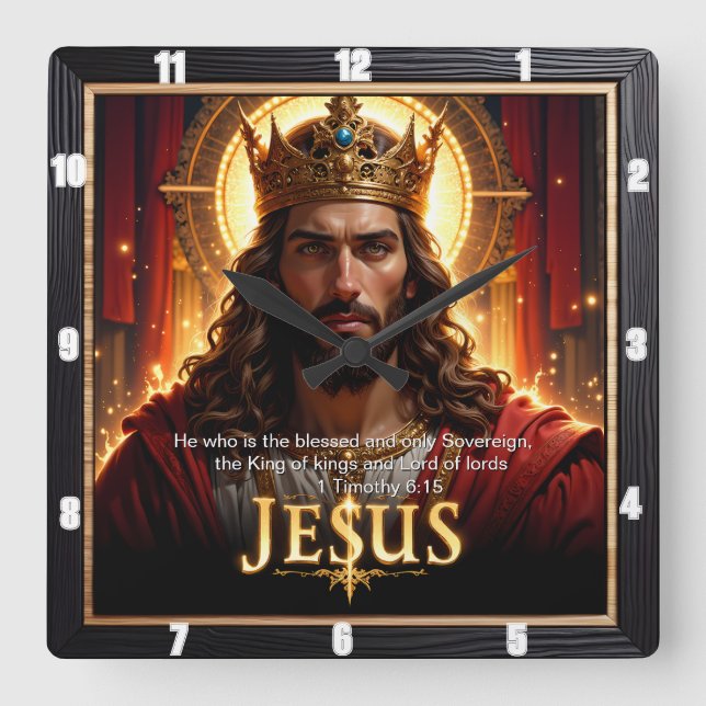Jesus King Crown Sovereign Majesty Red Square Wall Clock (Front)