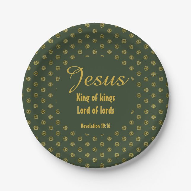 JESUS KING OF KINGS Christmas Christian Green Gold Paper Plate (Front)