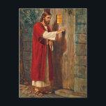 Jesus Knocks On The Door Postcard<br><div class="desc">Here Jesus is knocking at a door. He says 'Behold! I stand at the door and knock. If anyone hears my voice and opens the door,  I will come in and dine with him,  and him with me.'   From Revelations 3:20</div>