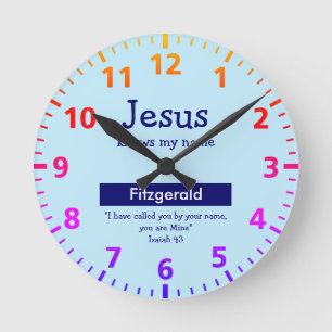 JESUS KNOWS MY NAME Cute Blue Personalised Boys Round Clock