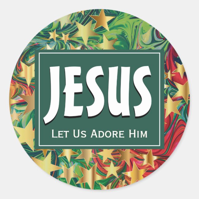 JESUS Let Us Adore Him Festive Christmas Stars Classic Round Sticker (Front)