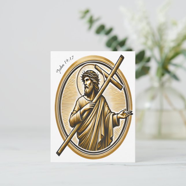 Jesus Lifting Golden Cross with Love Postcard (Standing Front)
