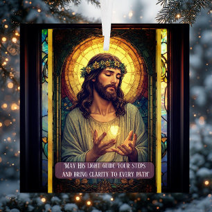 Jesus Light of the World Religious Christmas Quote Glass Tree Decoration