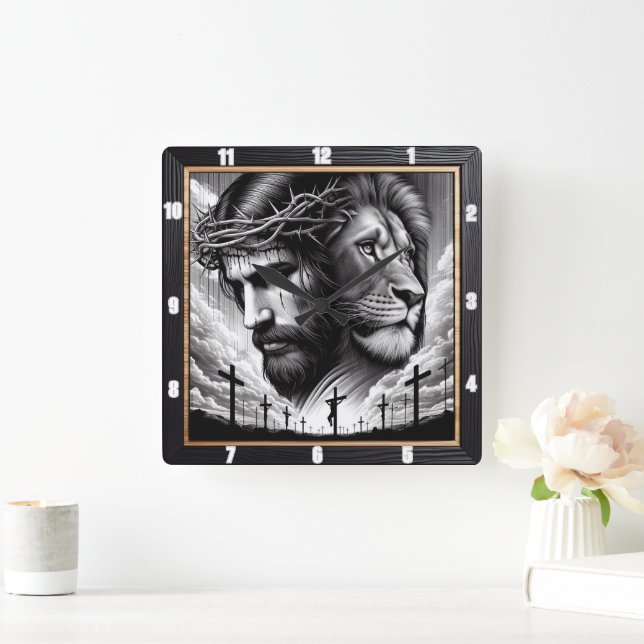 Jesus Lion Cross Faith Square Wall Clock (Home)