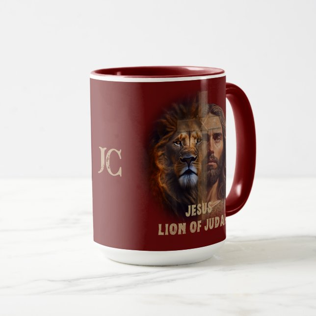 Jesus Lion Of Judah Custom Monogram Coffee Mug (Front Right)