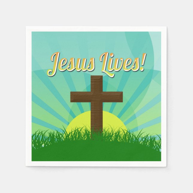 Jesus Lives Blue/Brown Christian Easter Cross Napkin (Front)
