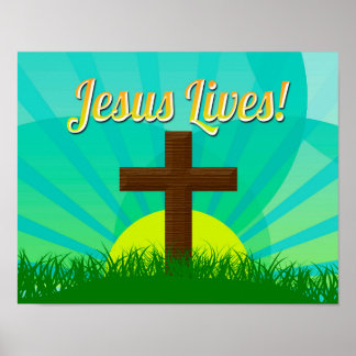 Jesus Lives Blue/Brown Christian Easter Cross Poster