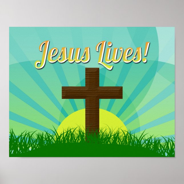 Jesus Lives Blue/Brown Christian Easter Cross Poster (Front)