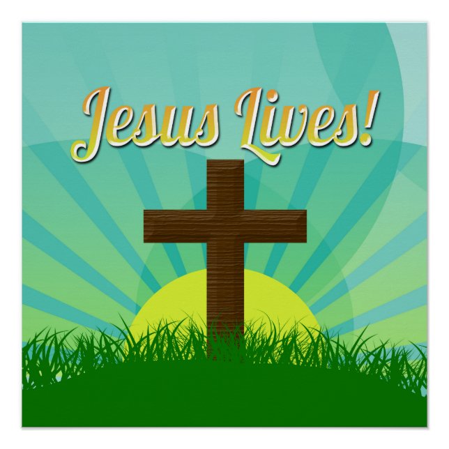 Jesus Lives Blue/Brown Christian Easter Cross Poster (Front)