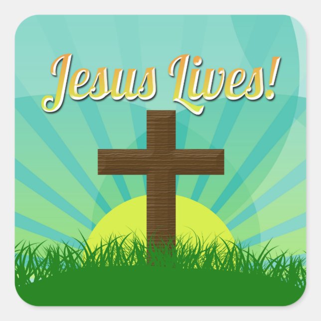 Jesus Lives Blue/Brown Christian Easter Cross Square Sticker (Front)
