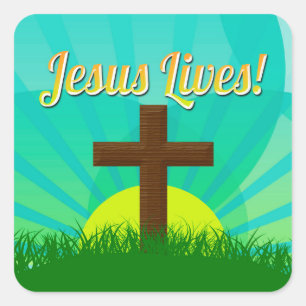 Jesus Lives Blue/Brown Christian Easter Cross Square Sticker