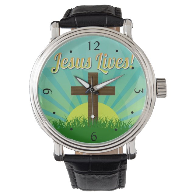 Jesus Lives Blue/Brown Christian Easter Cross Watch (Front)