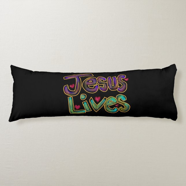 ‘Jesus Lives’ Christian Quote Custom Name Black Body Cushion (Front)