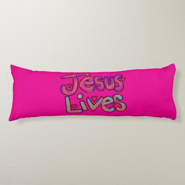 ‘Jesus Lives’ Christian Quote Custom Name Pink Body Cushion (Front)