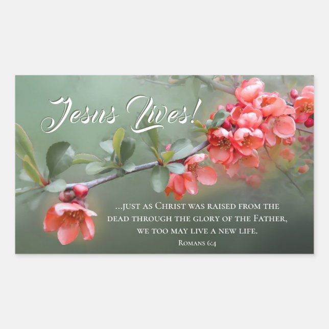 Jesus Lives Spring Flowers Bible Verse Easter Rectangular Sticker (Front)
