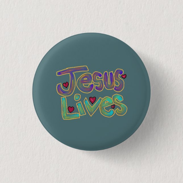 Jesus Lives With Red Hearts Blue 3 Cm Round Badge (Front)