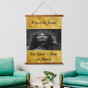 Jesus looking into heaven with a gold foil design hanging tapestry