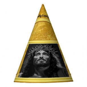 Jesus looking into heaven with a gold foil design party hat