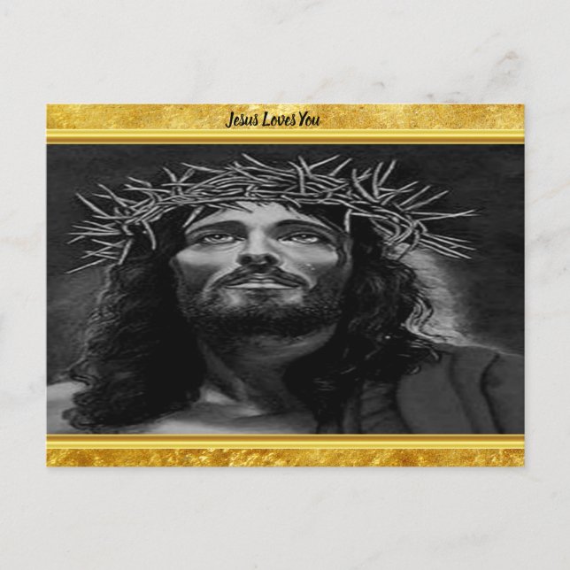 Jesus looking into heaven with a gold foil design postcard (Front)