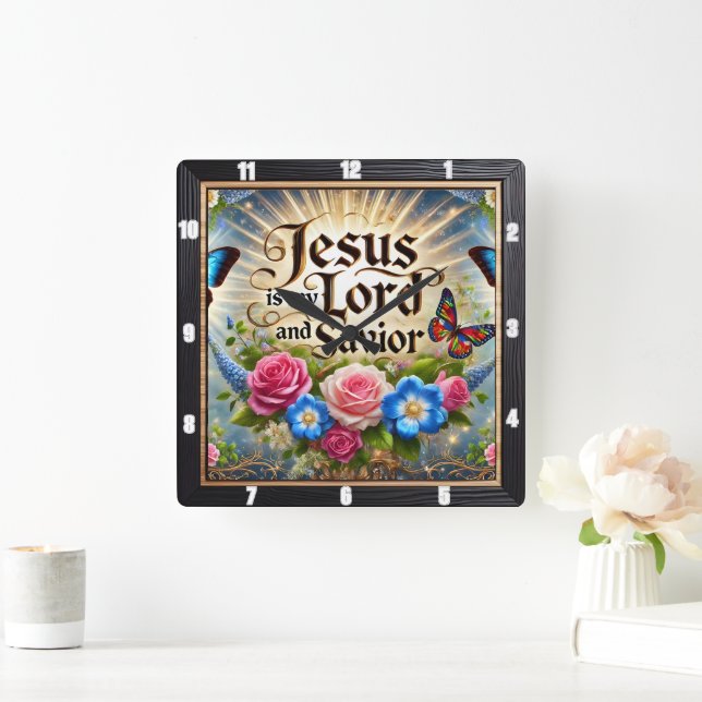 Jesus Lord Saviour Floral Butterflies Square Wall Clock (Home)