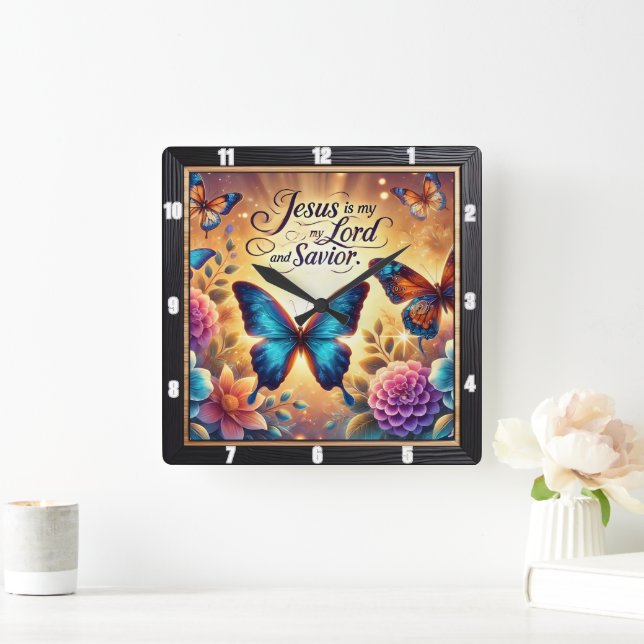 Jesus Lord Saviour Golden Butterflies Square Wall Clock (Home)