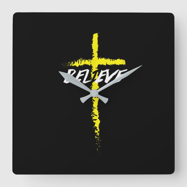 Jesus Love | Believe Cross Jesus Christ Religion Square Wall Clock (Front)