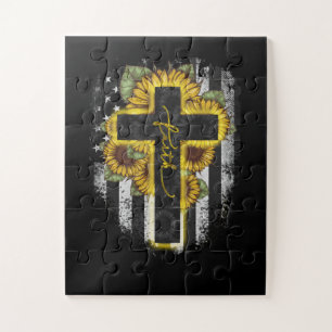 Jesus Love   Faith Christian Sunflower USA Flag Jigsaw Puzzle