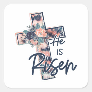 Jesus Love   He Is Risen Cross Floral Flowers Square Sticker