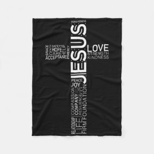 Jesus Love White On Black Christian Cross Design Fleece Blanket