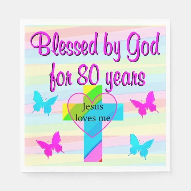 JESUS LOVES ME 80TH BIRTHDAY PAPER PARTY NAPKINS (Front)