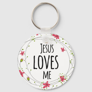 Jesus Loves Me Cross Wreath Floral White Keychain