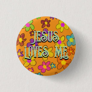 Jesus Loves Me Cute Retro Flower Pattern Orange 3 Cm Round Badge