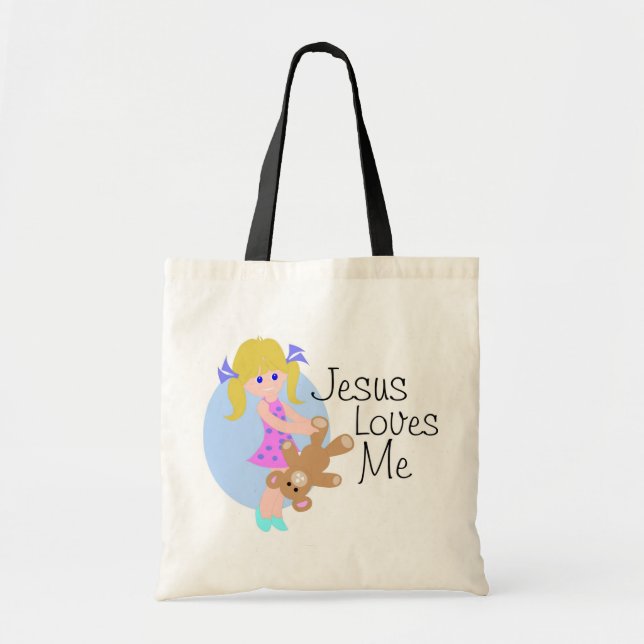 Jesus loves me girl with bear tote bag (Front)