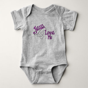 Jesus Loves Me Grey with Hearts Baby Bodysuit