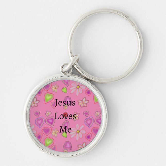 Jesus Loves Me Hearts Flowers Pink  Key Ring (Front)