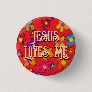 Jesus Loves Me Retro Flower Pattern Red 3 Cm Round Badge