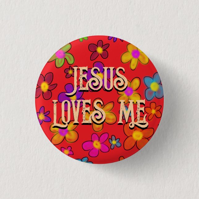 Jesus Loves Me Retro Flower Pattern Red 3 Cm Round Badge (Front)