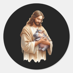 Jesus Loves Moo Deng Bouncy Pig Cute Ba  Classic Round Sticker