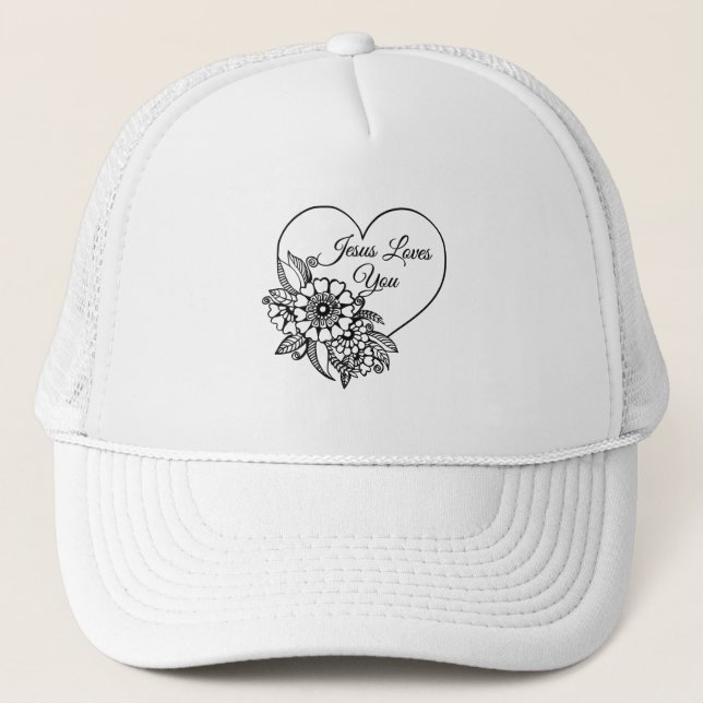 Jesus Loves You Christian Bible Quote Trucker Hat (Front)