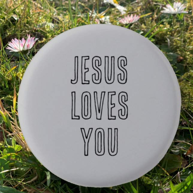 Jesus Loves You Custom Grey & Black Christian 3 Cm Round Badge (Customize this Christian Faith quote "Jesus Loves You" pin on button.  Modern black script on grey.)