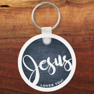 Jesus Loves You Denim Circle Key Ring
