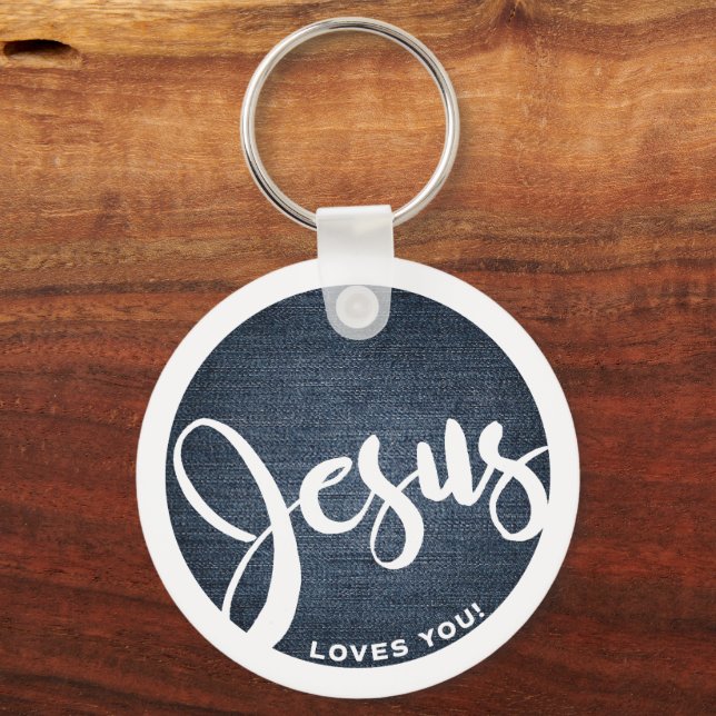 Jesus Loves You Denim Circle Key Ring (Front)