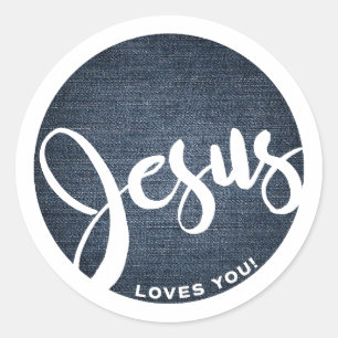 Jesus Loves You Denim Classic Round Sticker